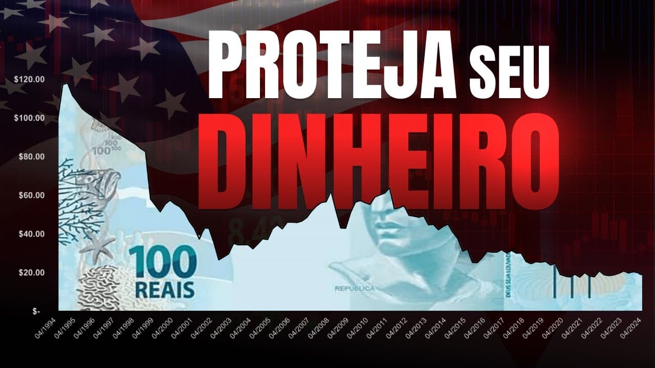 Bruno Fraga e o convidado Giovani Teles em estúdio improvisado, discutindo dolarização diante de um gráfico de câmbio entre real e dólar