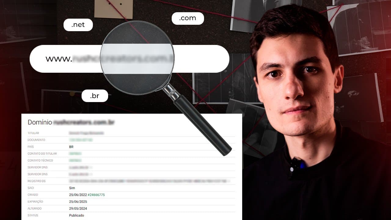 Bruno Fraga em frente ao computador demonstrando ferramentas de consulta WHOIS e investigação digital em múltiplas telas