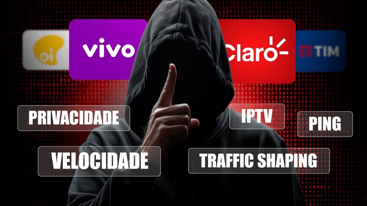Bruno Fraga apresentando diagrama de infraestrutura de provedor de internet com ícones de roteadores, DNS e conexões de rede ao fundo