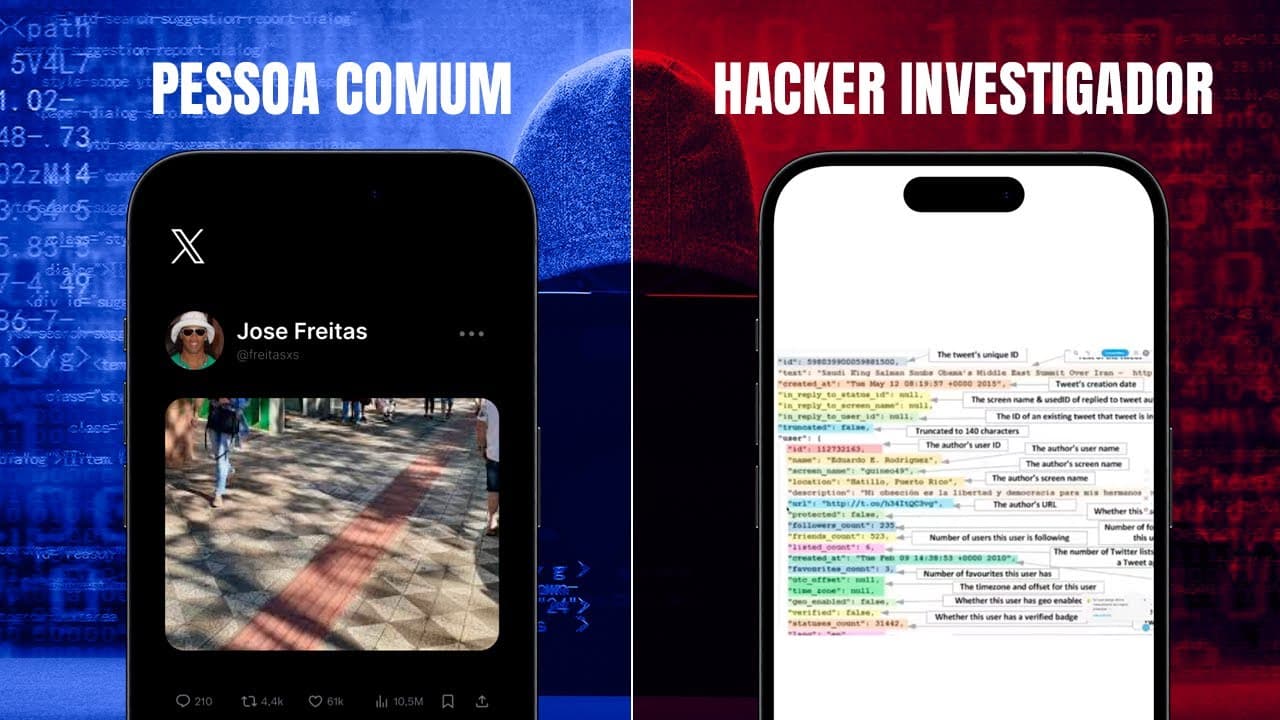 Bruno Fraga apresentando a interface de busca avançada do Twitter com filtros de investigação e resultados de monitoramento exibidos na tela