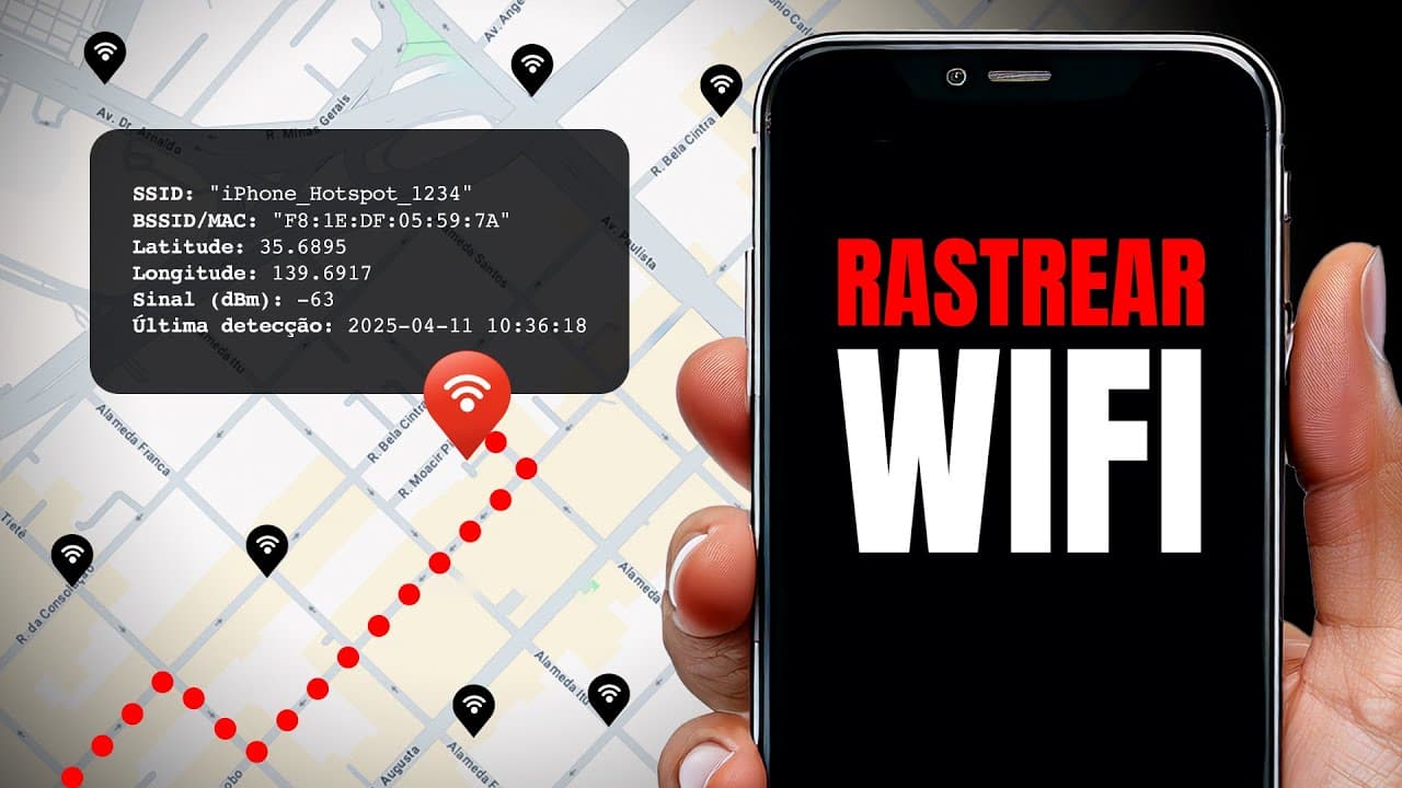 Celular com o ícone de Wi-Fi aceso sobre um mapa urbano coberto de pontos de rede e linhas de triangulação