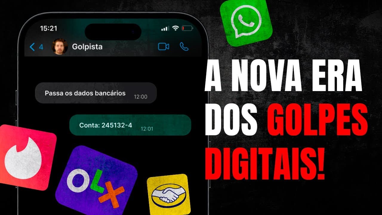 Bruno Fraga apresentando aulão ao vivo com slides sobre crimes digitais, mostrando exemplos de golpes e telas de ferramentas de investigação digital ao fundo